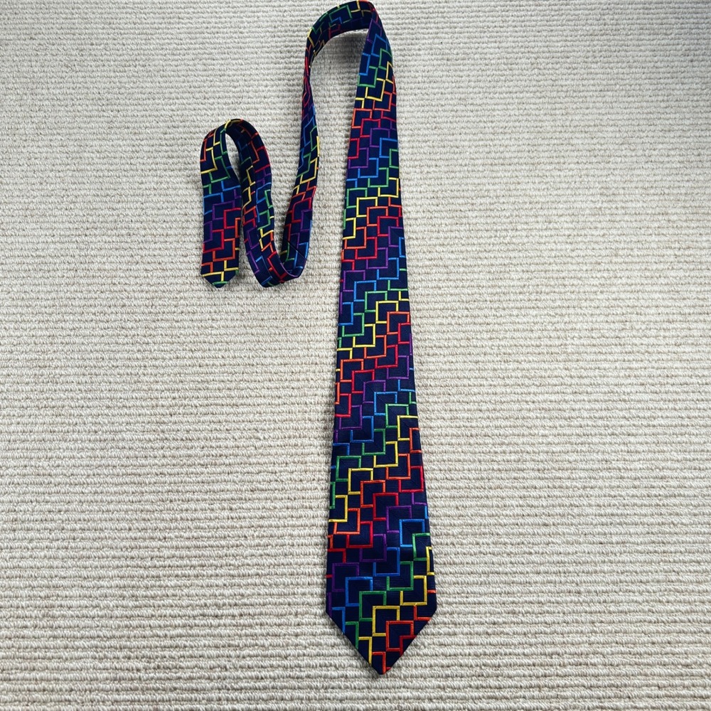 Vintage Bullock & Jones Silk Tie Mens OS Navy Rainbow Geometric Maze Handmade UK